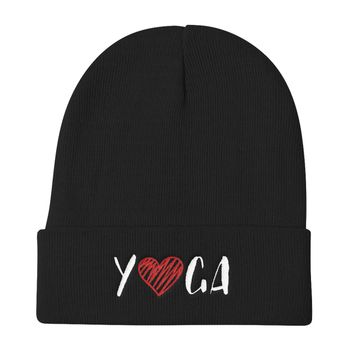 Knit Beanie (YOGA - embroidered design/red heart)