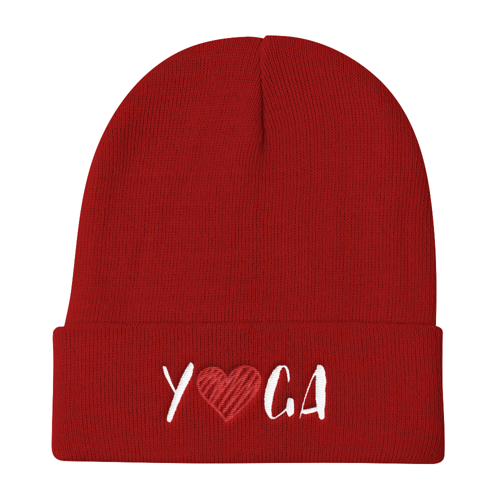 Knit Beanie (YOGA - embroidered design/red heart)