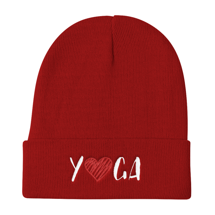 Knit Beanie (YOGA - embroidered design/red heart)